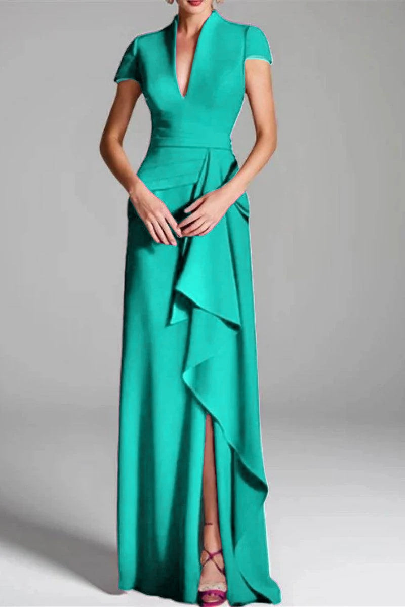Elegant Sheath Column V Neck Short Sleeves Floor Length Mother of the Bride Dress