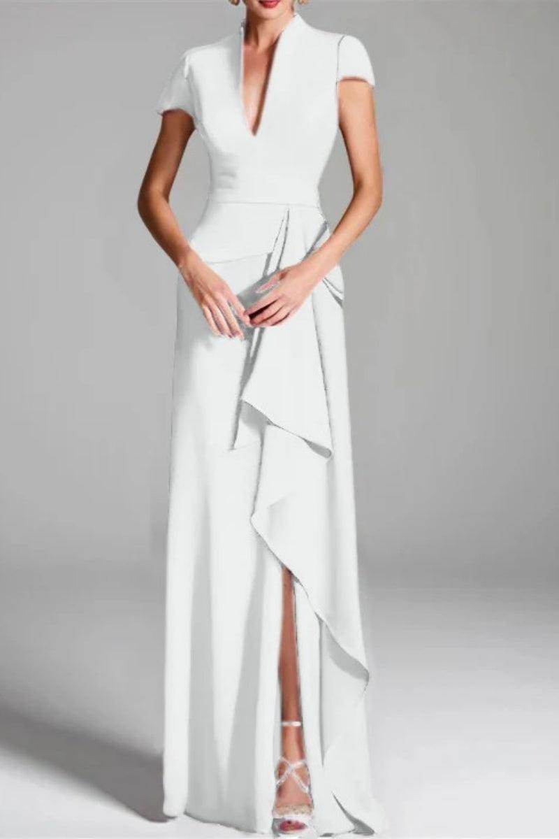 Elegant Sheath Column V Neck Short Sleeves Floor Length Mother of the Bride Dress