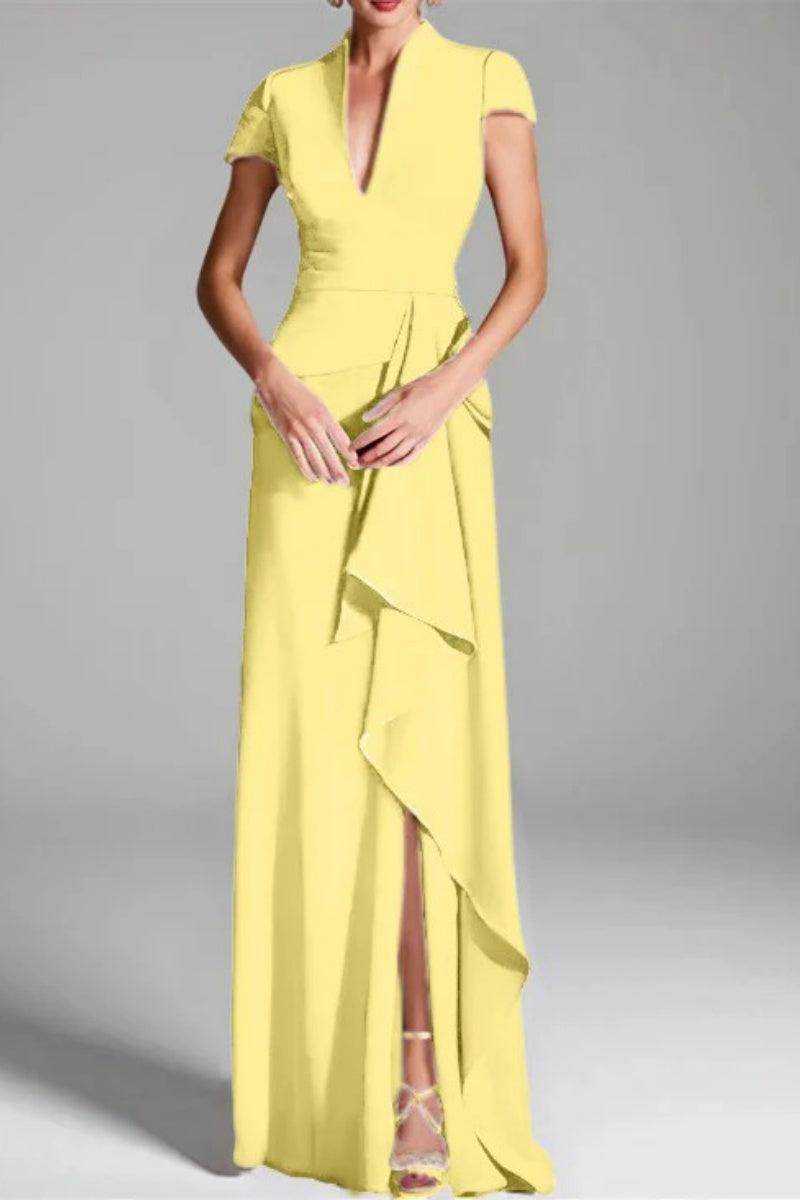 Elegant Sheath Column V Neck Short Sleeves Floor Length Mother of the Bride Dress
