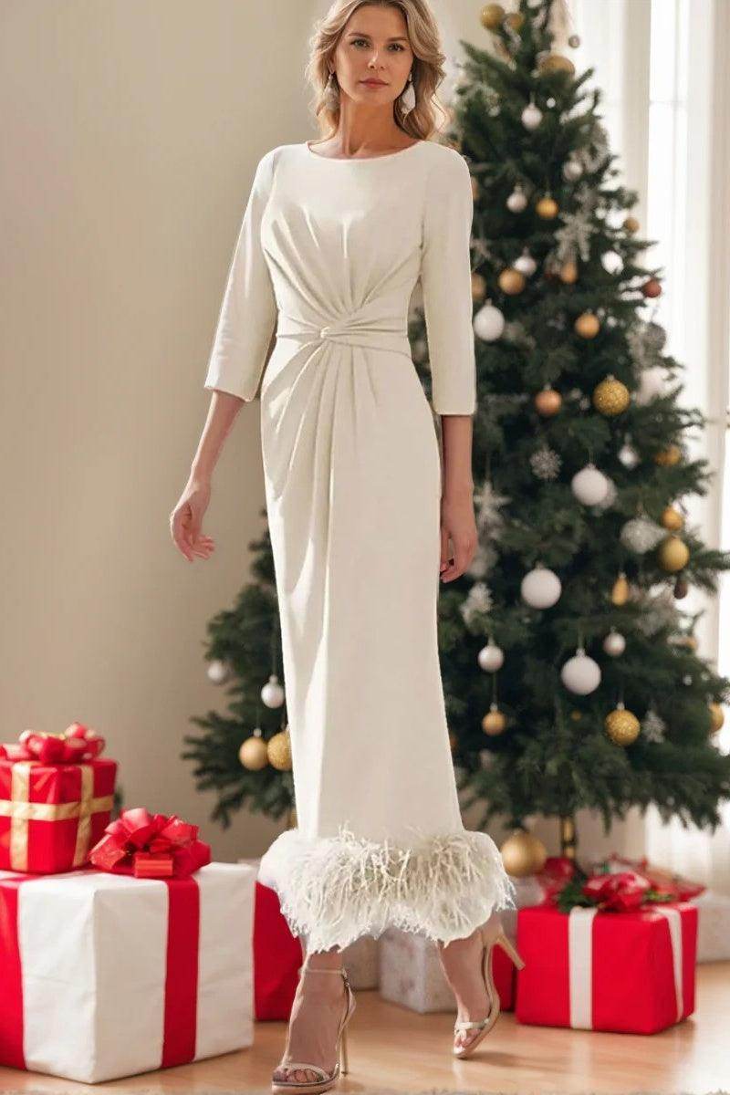 Elegant Sheath Column Scoop Neck Ankle Length Feather Mother of the Bride Dress