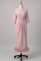 Elegant Sheath Column Scoop Neck Ankle Length Feather Mother of the Bride Dress