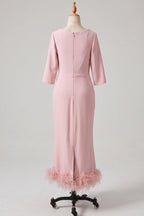 Elegant Sheath Column Scoop Neck Ankle Length Feather Mother of the Bride Dress