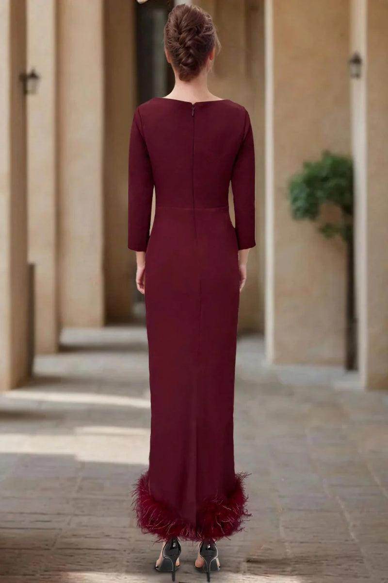 Elegant Sheath Column Scoop Neck Ankle Length Feather Mother of the Bride Dress