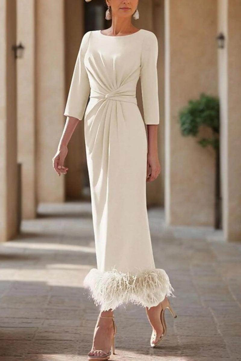 Elegant Sheath Column Scoop Neck Ankle Length Feather Mother of the Bride Dress