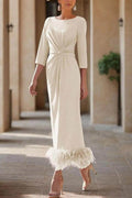 Elegant Sheath Column Scoop Neck Ankle Length Feather Mother of the Bride Dress
