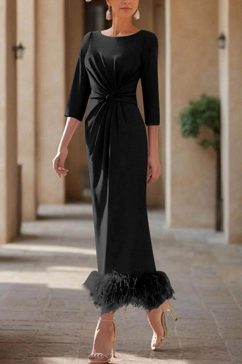 Elegant Sheath Column Scoop Neck Ankle Length Feather Mother of the Bride Dress