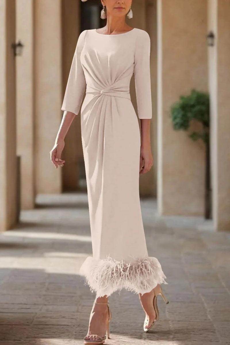 Elegant Sheath Column Scoop Neck Ankle Length Feather Mother of the Bride Dress