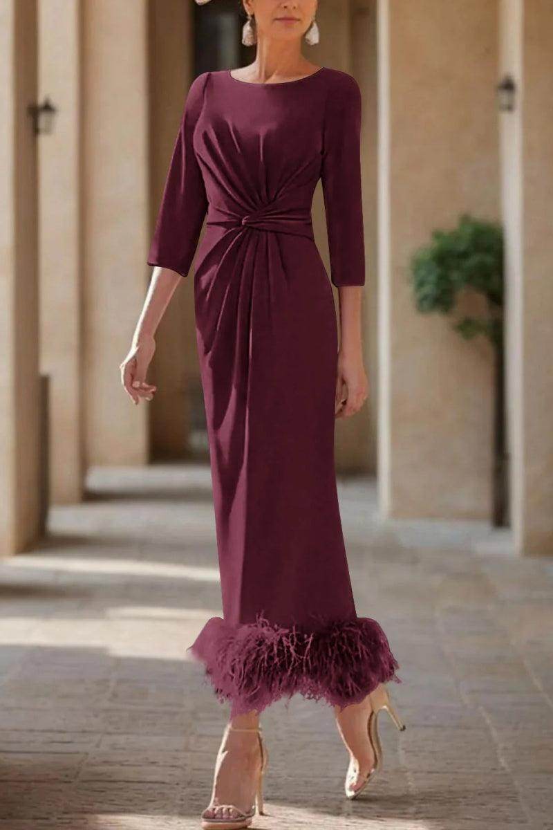 Elegant Sheath Column Scoop Neck Ankle Length Feather Mother of the Bride Dress