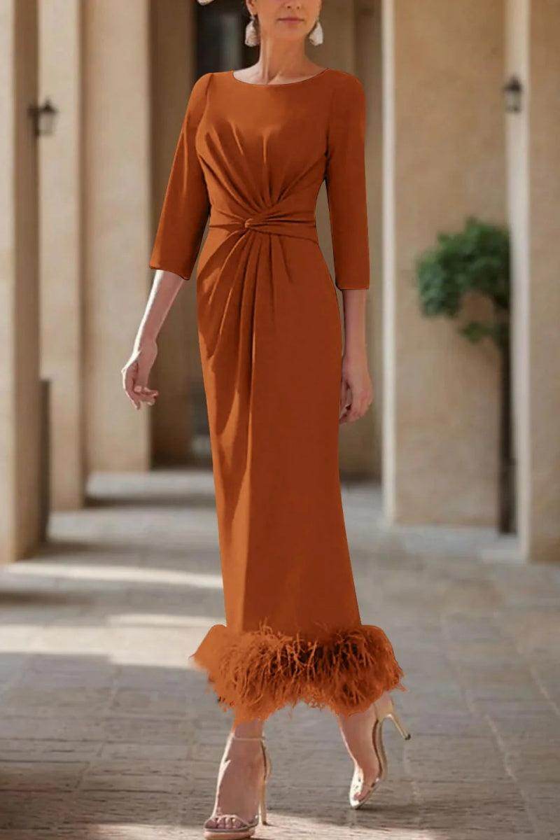 Elegant Sheath Column Scoop Neck Ankle Length Feather Mother of the Bride Dress
