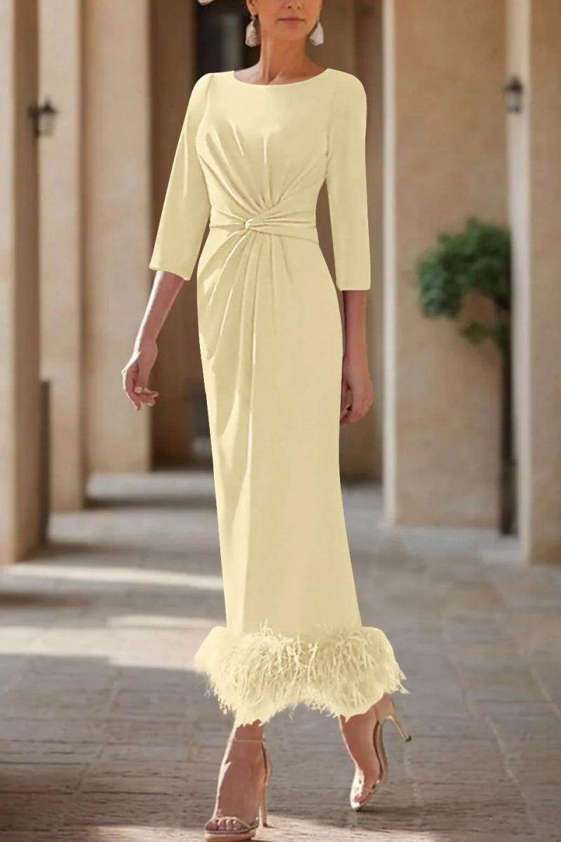 Elegant Sheath Column Scoop Neck Ankle Length Feather Mother of the Bride Dress