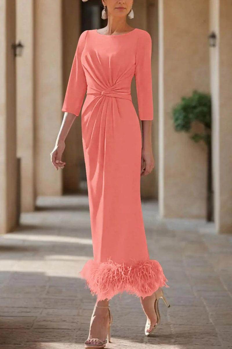 Elegant Sheath Column Scoop Neck Ankle Length Feather Mother of the Bride Dress