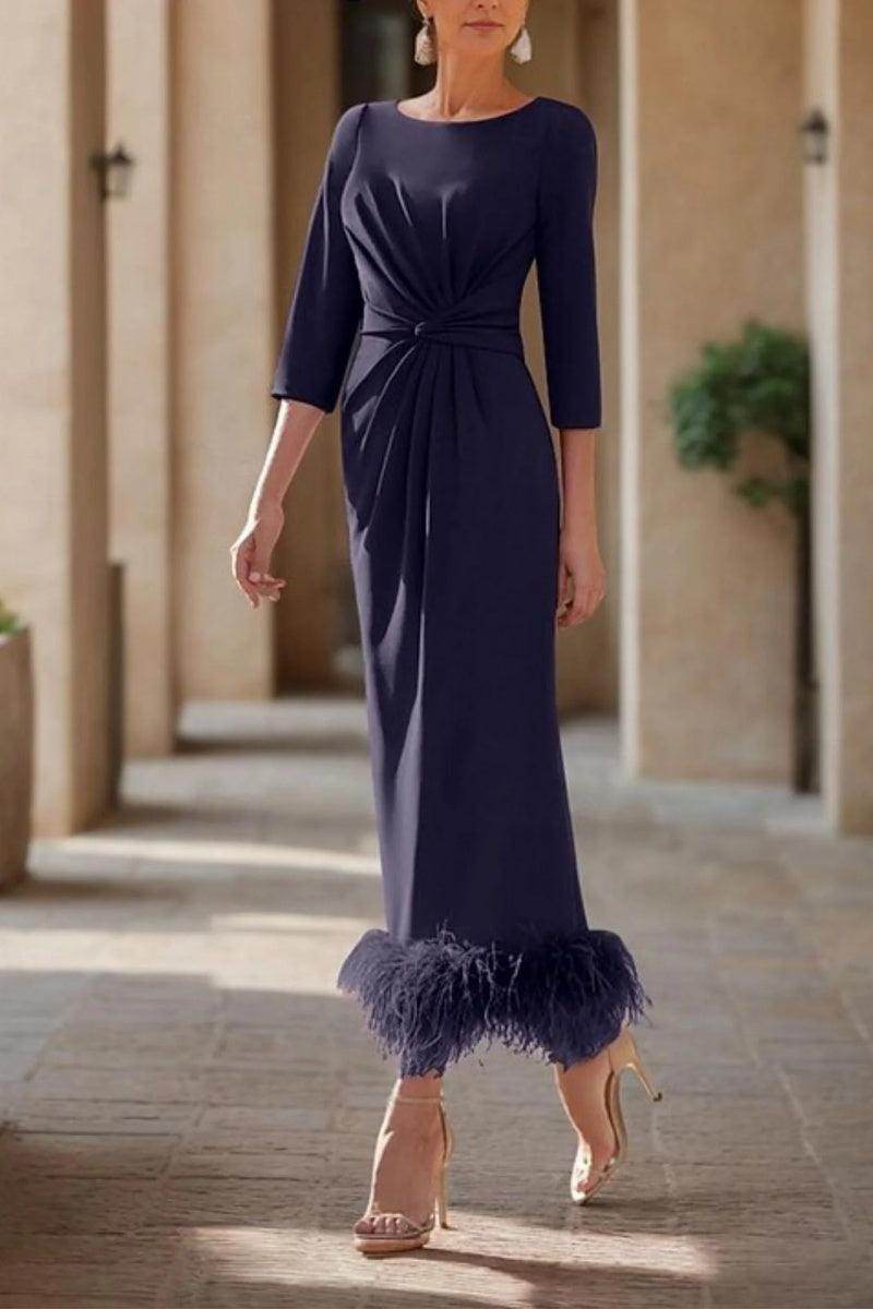 Elegant Sheath Column Scoop Neck Ankle Length Feather Mother of the Bride Dress