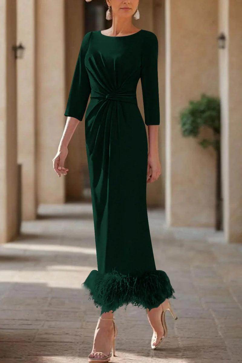 Elegant Sheath Column Scoop Neck Ankle Length Feather Mother of the Bride Dress