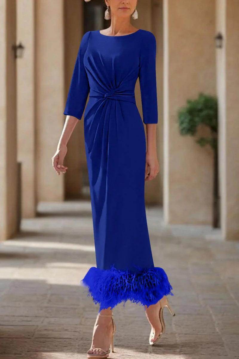 Elegant Sheath Column Scoop Neck Ankle Length Feather Mother of the Bride Dress