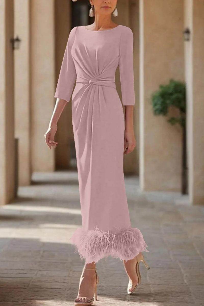 Elegant Sheath Column Scoop Neck Ankle Length Feather Mother of the Bride Dress