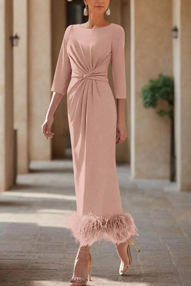 Elegant Sheath Column Scoop Neck Ankle Length Feather Mother of the Bride Dress