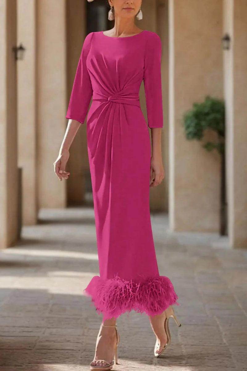 Elegant Sheath Column Scoop Neck Ankle Length Feather Mother of the Bride Dress