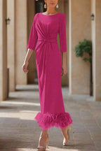 Elegant Sheath Column Scoop Neck Ankle Length Feather Mother of the Bride Dress