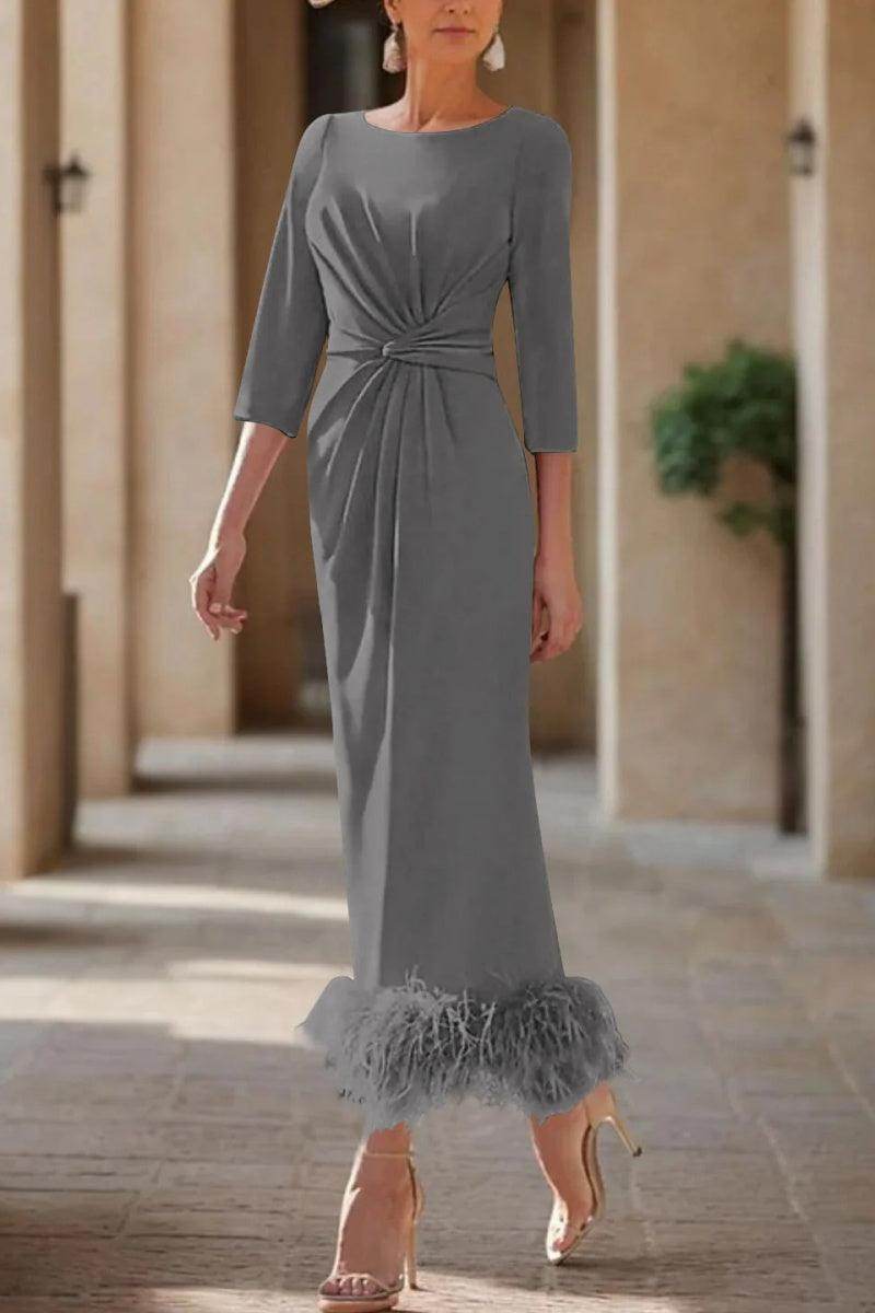 Elegant Sheath Column Scoop Neck Ankle Length Feather Mother of the Bride Dress