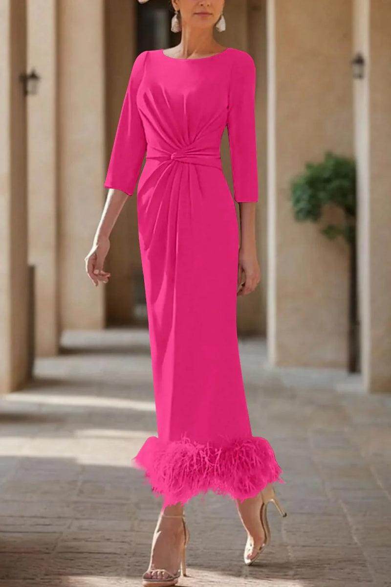 Elegant Sheath Column Scoop Neck Ankle Length Feather Mother of the Bride Dress