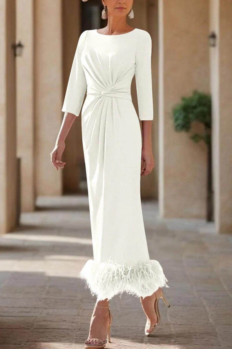 Elegant Sheath Column Scoop Neck Ankle Length Feather Mother of the Bride Dress