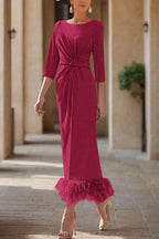 Elegant Sheath Column Scoop Neck Ankle Length Feather Mother of the Bride Dress