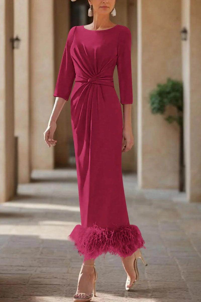 Elegant Sheath Column Scoop Neck Ankle Length Feather Mother of the Bride Dress