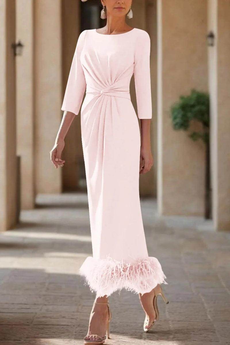 Elegant Sheath Column Scoop Neck Ankle Length Feather Mother of the Bride Dress