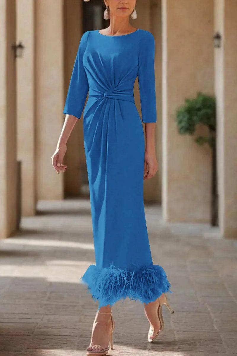 Elegant Sheath Column Scoop Neck Ankle Length Feather Mother of the Bride Dress
