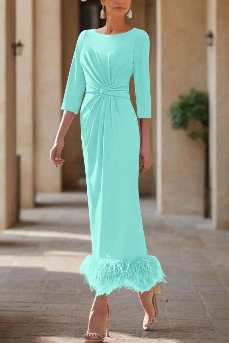 Elegant Sheath Column Scoop Neck Ankle Length Feather Mother of the Bride Dress