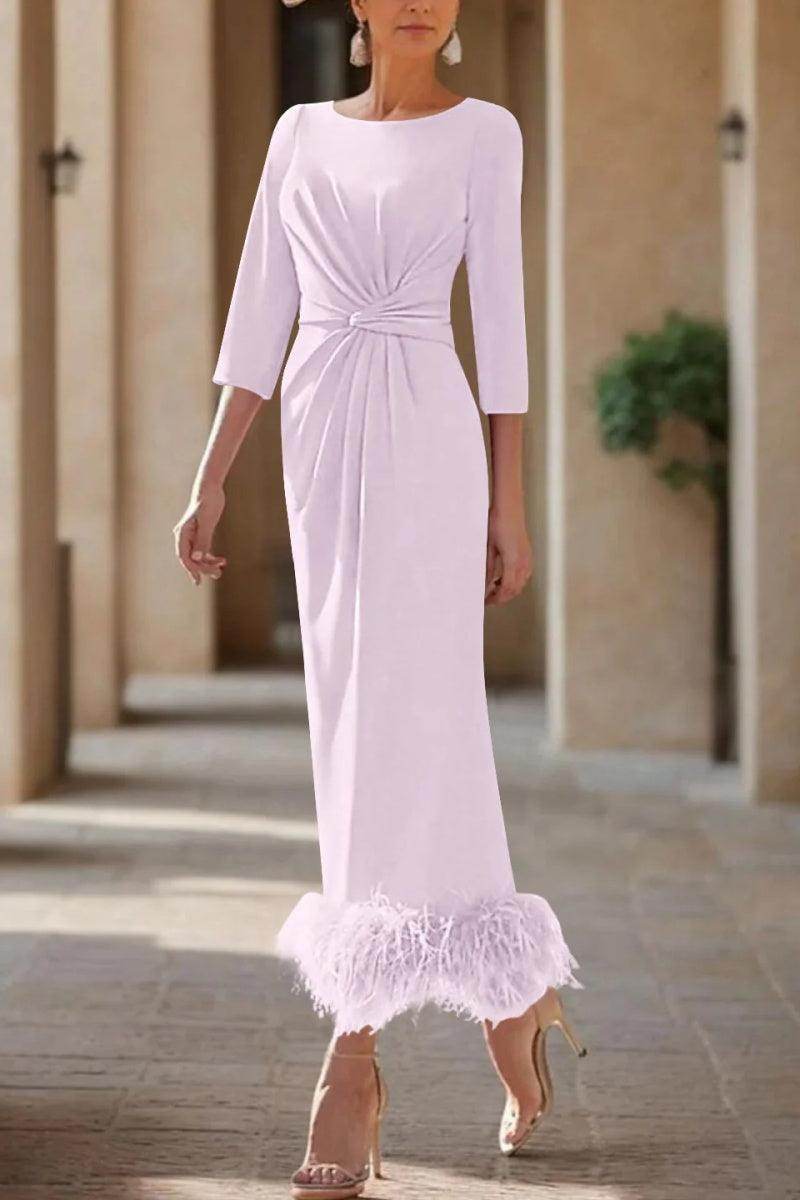 Elegant Sheath Column Scoop Neck Ankle Length Feather Mother of the Bride Dress