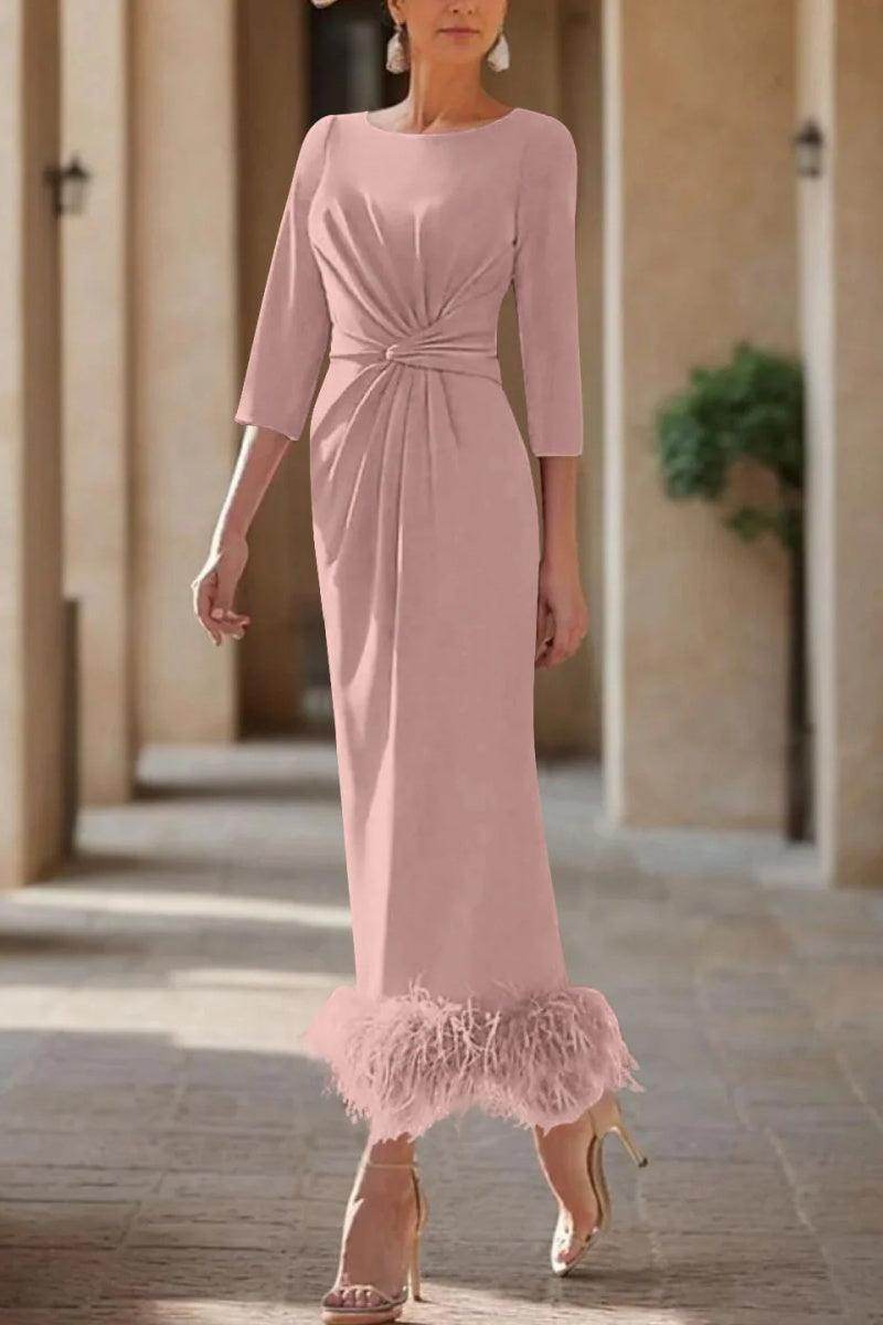 Elegant Sheath Column Scoop Neck Ankle Length Feather Mother of the Bride Dress