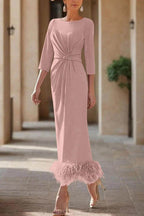 Elegant Sheath Column Scoop Neck Ankle Length Feather Mother of the Bride Dress