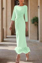 Elegant Sheath Column Scoop Neck Ankle Length Feather Mother of the Bride Dress