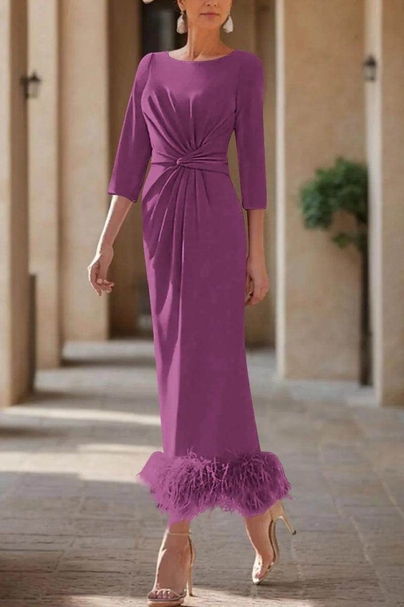 Elegant Sheath Column Scoop Neck Ankle Length Feather Mother of the Bride Dress