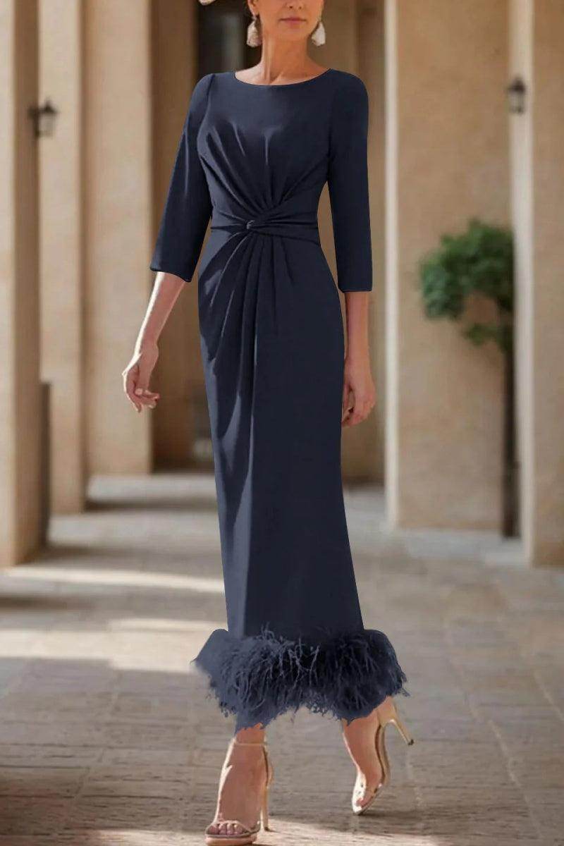 Elegant Sheath Column Scoop Neck Ankle Length Feather Mother of the Bride Dress