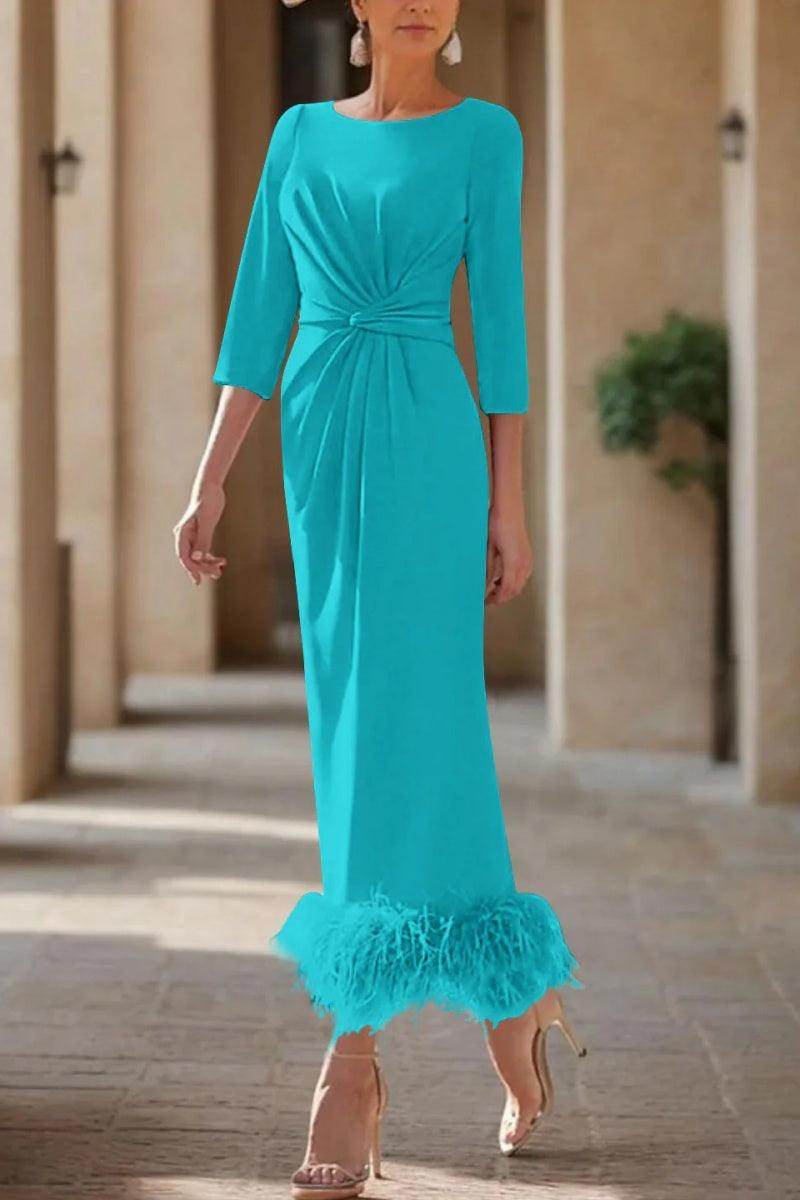 Elegant Sheath Column Scoop Neck Ankle Length Feather Mother of the Bride Dress
