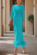 Elegant Sheath Column Scoop Neck Ankle Length Feather Mother of the Bride Dress