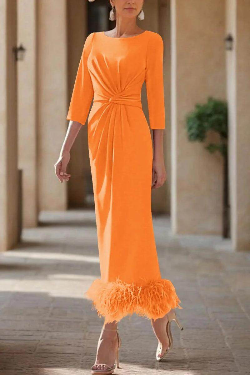 Elegant Sheath Column Scoop Neck Ankle Length Feather Mother of the Bride Dress