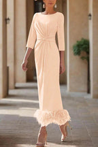 Elegant Sheath Column Scoop Neck Ankle Length Feather Mother of the Bride Dress