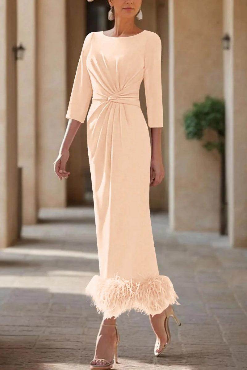 Elegant Sheath Column Scoop Neck Ankle Length Feather Mother of the Bride Dress