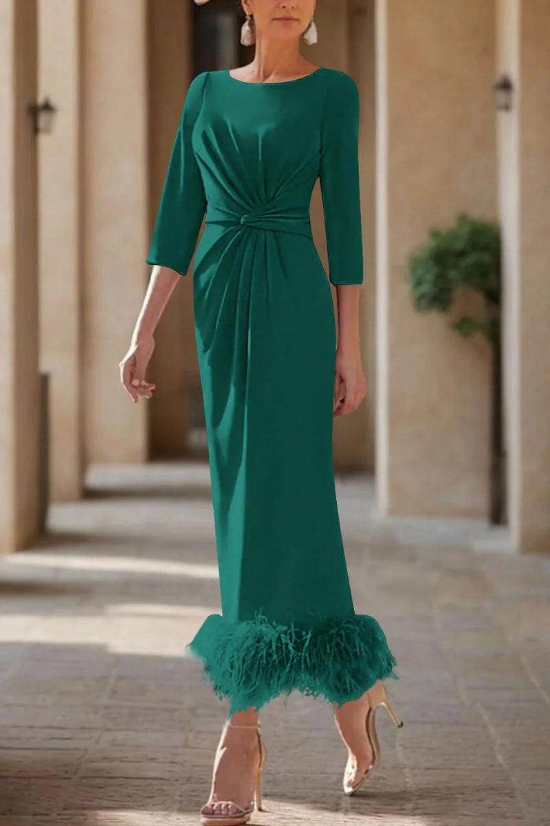 Elegant Sheath Column Scoop Neck Ankle Length Feather Mother of the Bride Dress