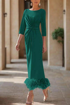 Elegant Sheath Column Scoop Neck Ankle Length Feather Mother of the Bride Dress