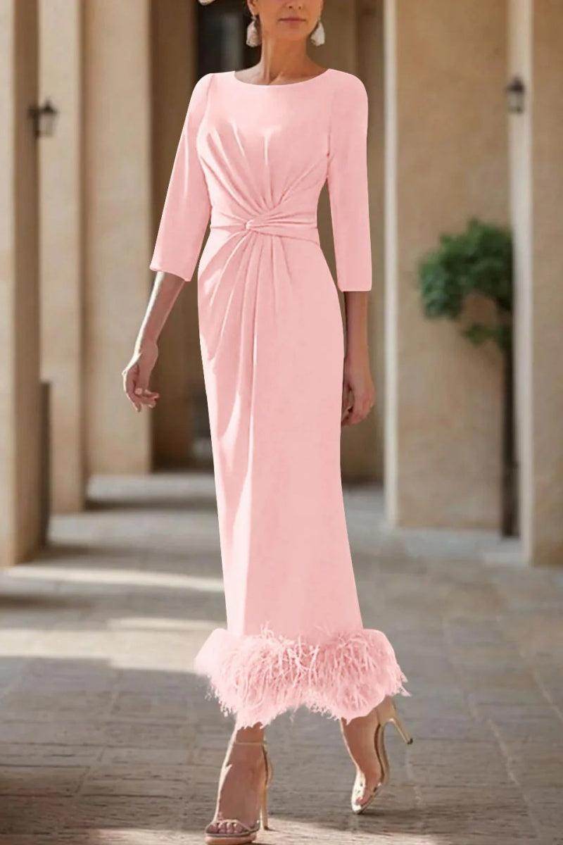 Elegant Sheath Column Scoop Neck Ankle Length Feather Mother of the Bride Dress