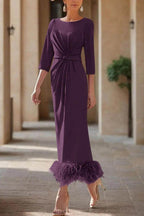 Elegant Sheath Column Scoop Neck Ankle Length Feather Mother of the Bride Dress