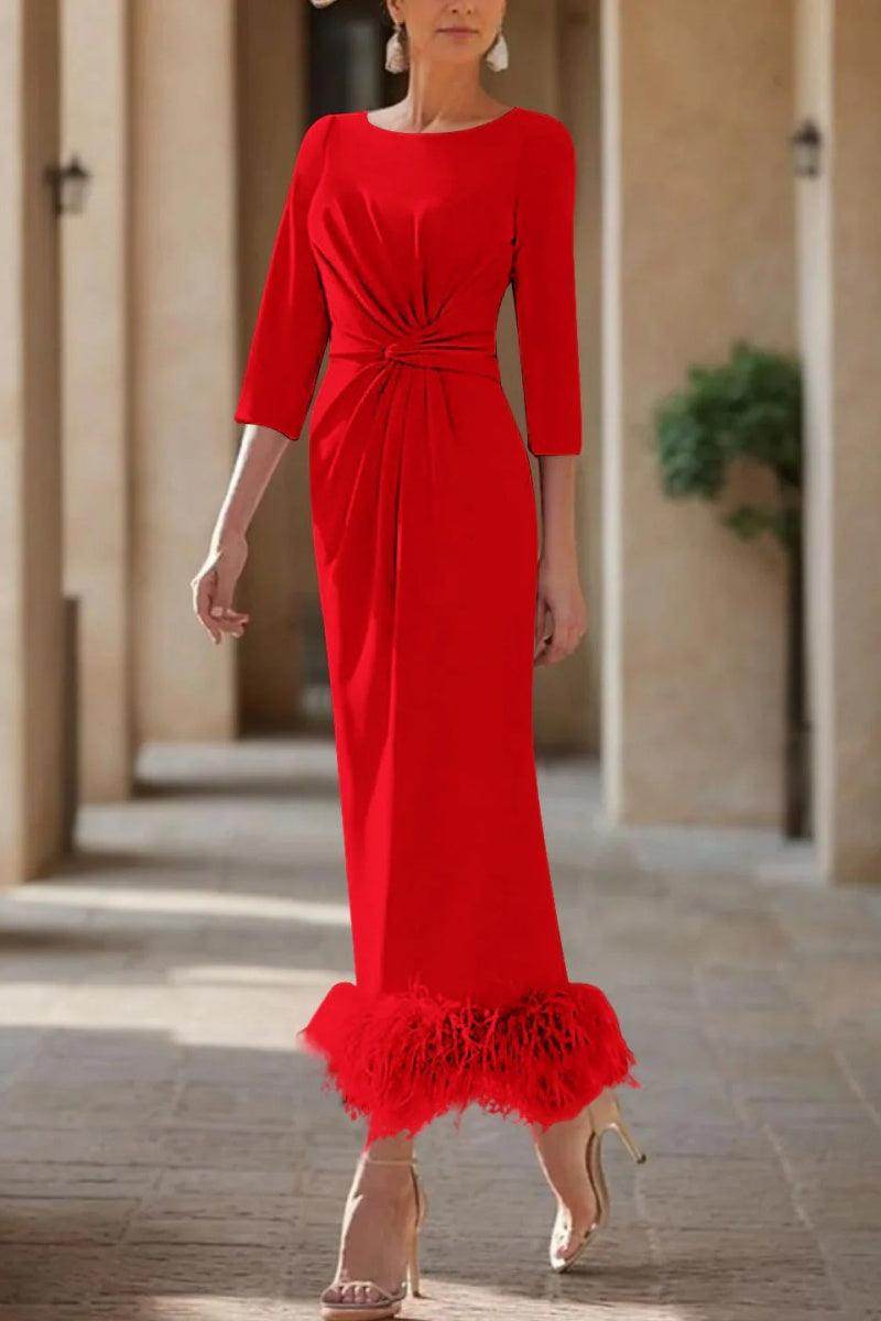 Elegant Sheath Column Scoop Neck Ankle Length Feather Mother of the Bride Dress