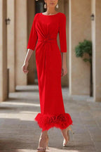 Elegant Sheath Column Scoop Neck Ankle Length Feather Mother of the Bride Dress