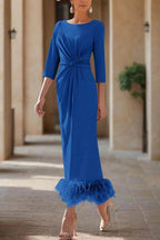 Elegant Sheath Column Scoop Neck Ankle Length Feather Mother of the Bride Dress