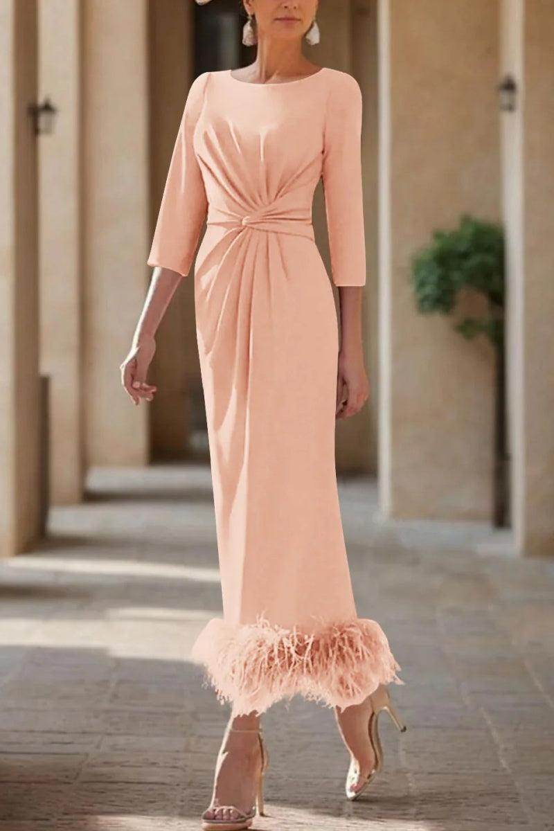 Elegant Sheath Column Scoop Neck Ankle Length Feather Mother of the Bride Dress