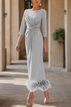 Elegant Sheath Column Scoop Neck Ankle Length Feather Mother of the Bride Dress